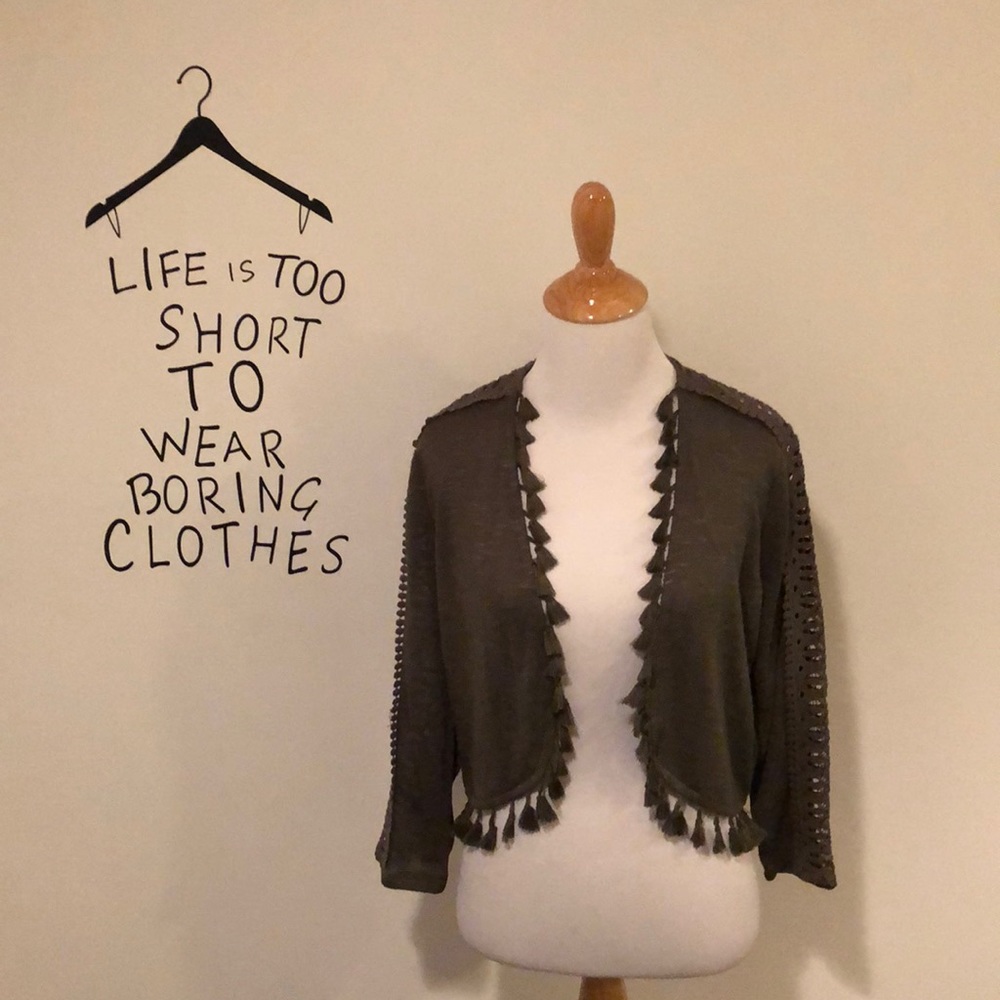 August Silk Olive Tassel Shrug